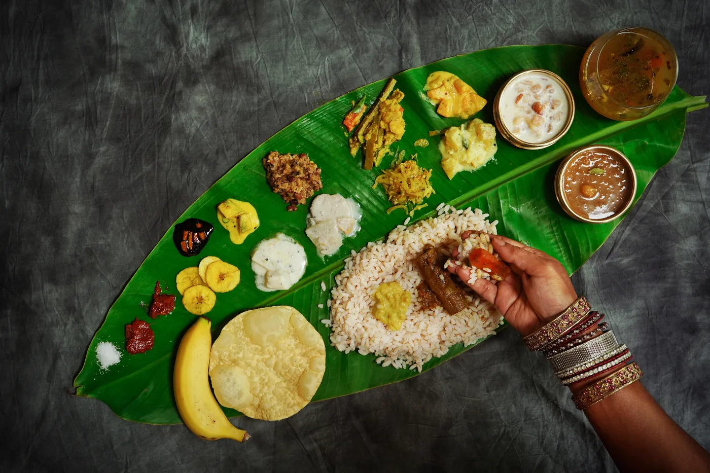 Banana leaf sadhya with rice and curries