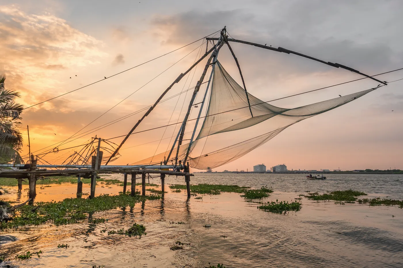 Chinese fishing nets at sunset in Kochi