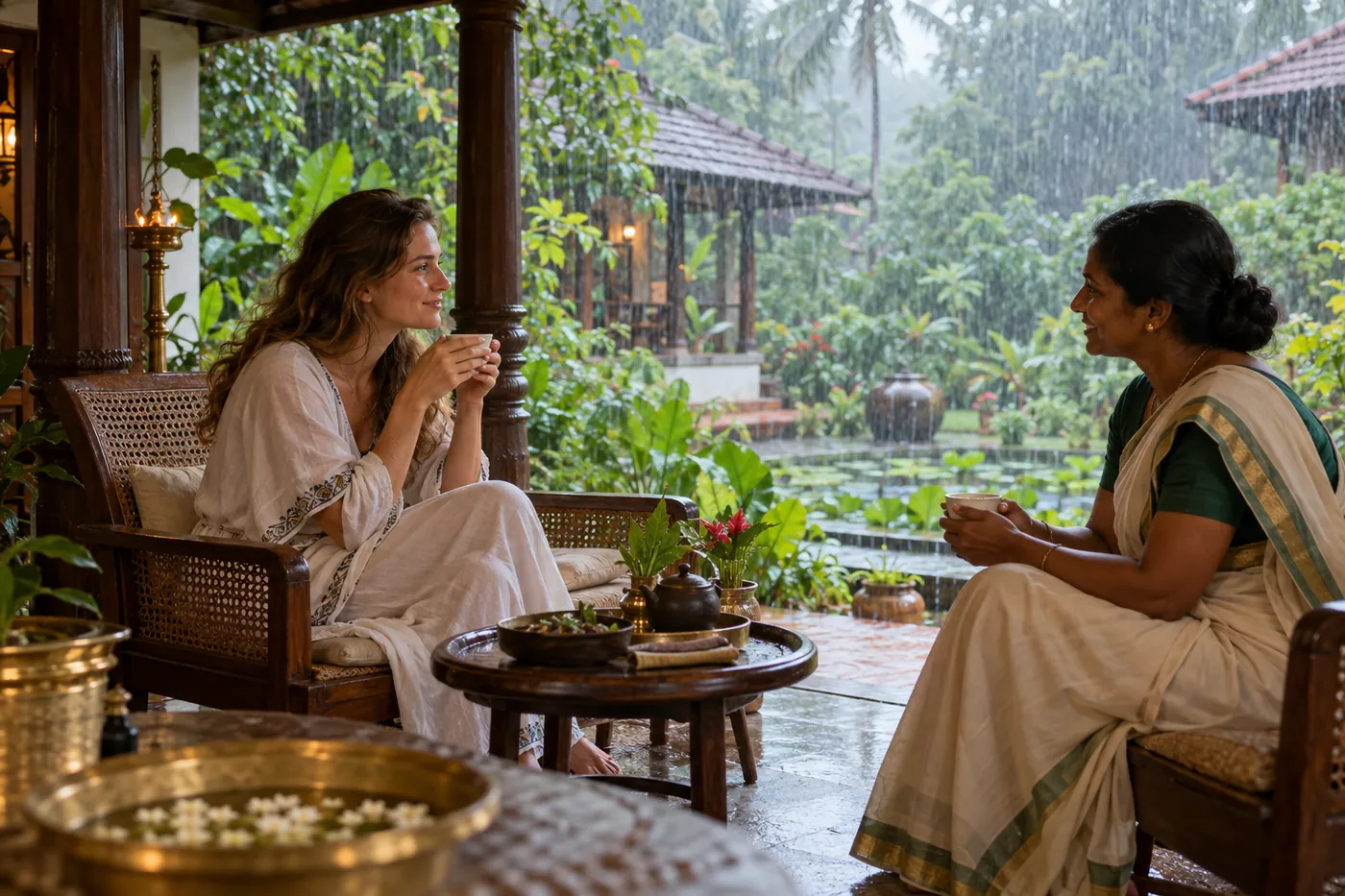 Monsoon rain on a wellness terrace