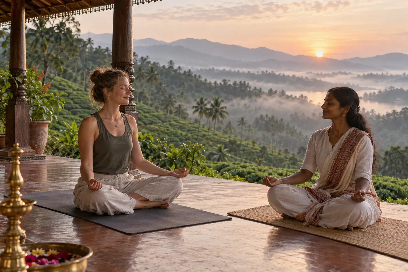 Yoga at sunrise above the plantation